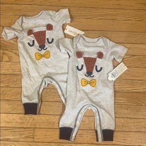 Twin set of fox/bear rompers